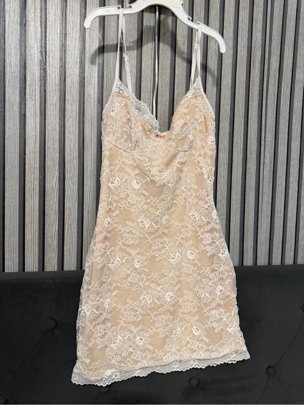 Lace Slip Dress in Beige with White Lace Trim